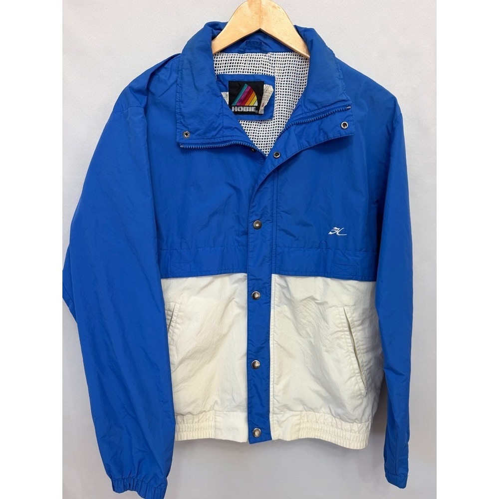 Vintage Hobie Windbreaker Jacket Blue White Hooded Surf Sailing Mens Large